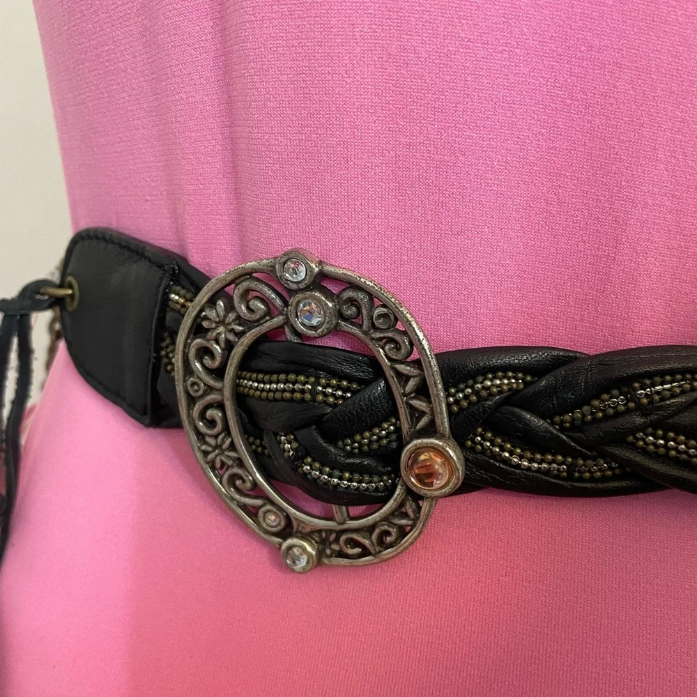 NWT Genuine leather Braided picadilly slouch black belt Brass silver s/m vintage